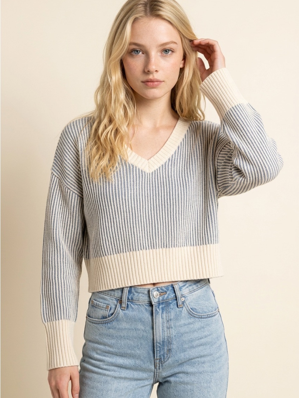Altared States Cropped V-Neck Sweater - Cream and Blue